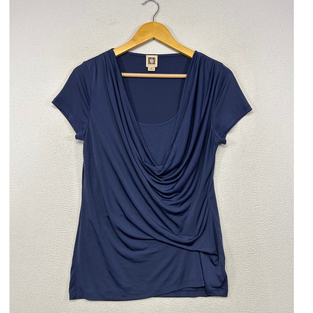 Draped Cowl Neck Anne Klein Womens Medium Navy Blue Short Sleeve Blouse Career